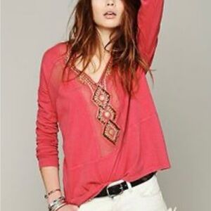 Free People Focus On The Center Embroidered Women's Top in Coral